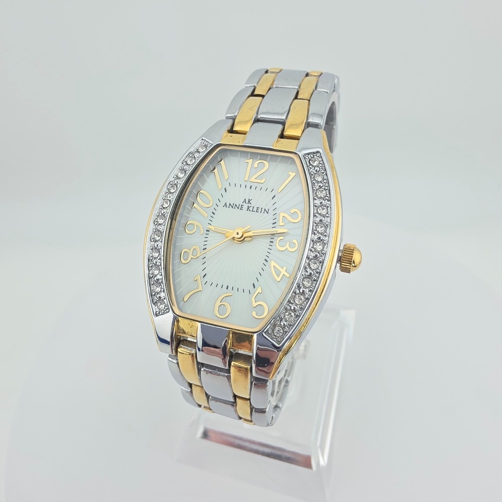 Vintage ANNA KLEIN Ladies Watch Crystal Bezel Stainless Steel Gold Plate 6.5"